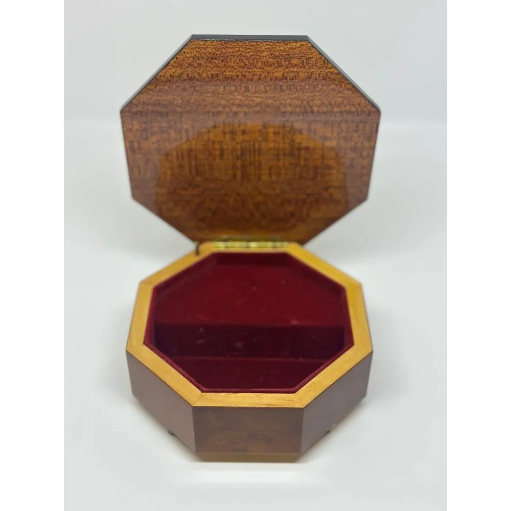 VTG Octagon Wood Inlay Floral Jewelry Box Sorrento Keepsake Velvet Interior‎